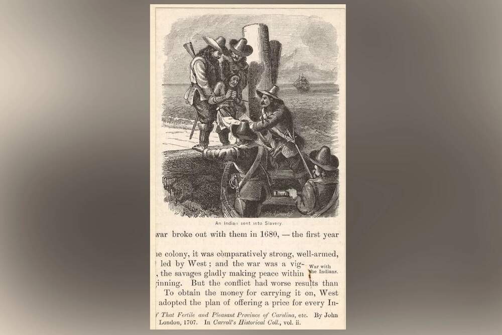 An image portraying a Native person being enslaved. Some Natives were sold into slavery. Others were trafficked across the Atlantic Ocean so Europeans could gain information before returning to North America. (Bogert, G. A. (engraver, active 1876-1881)/The New York Public Library)