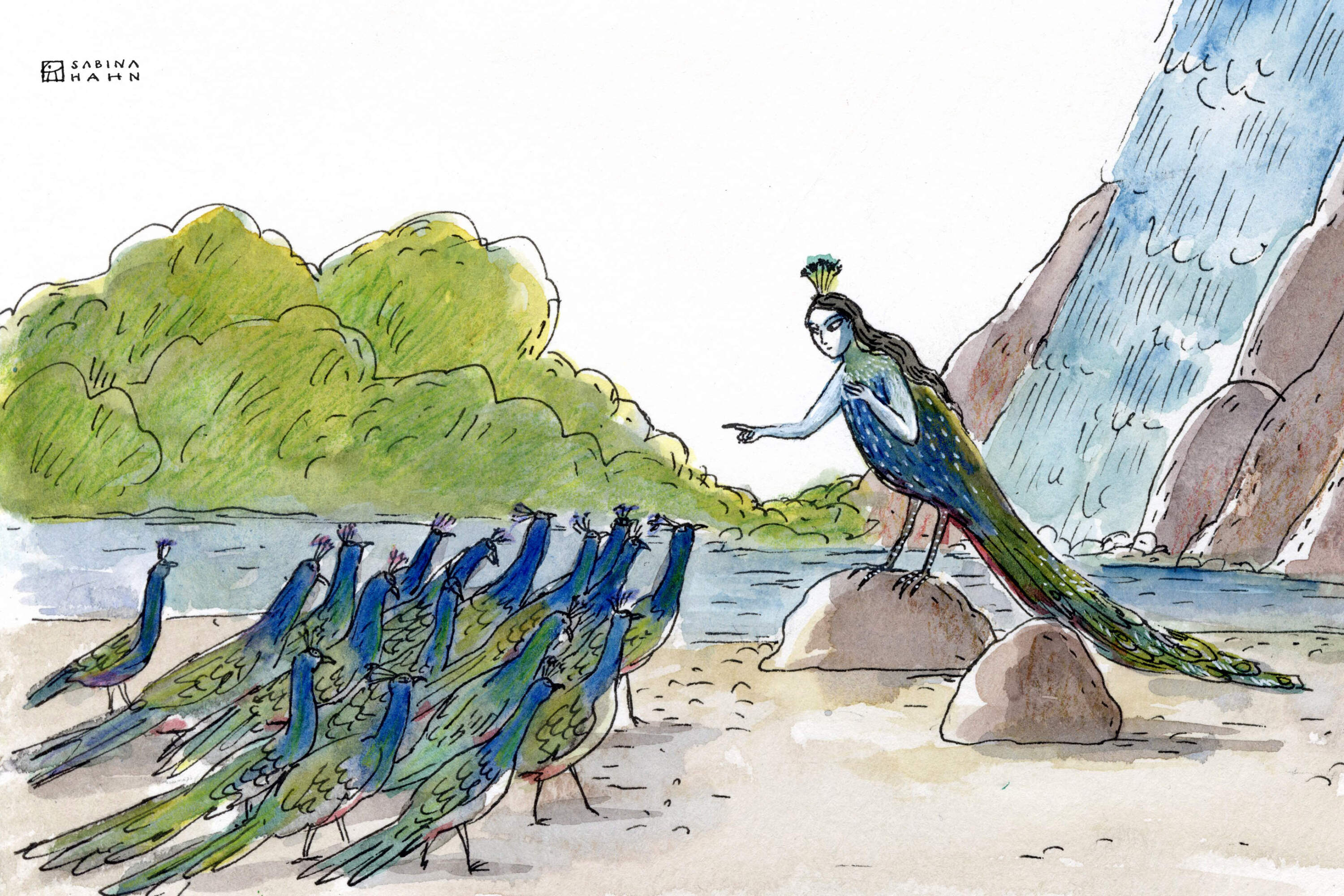 A peacock woman and peacocks. (Sabina Hahn for WBUR)