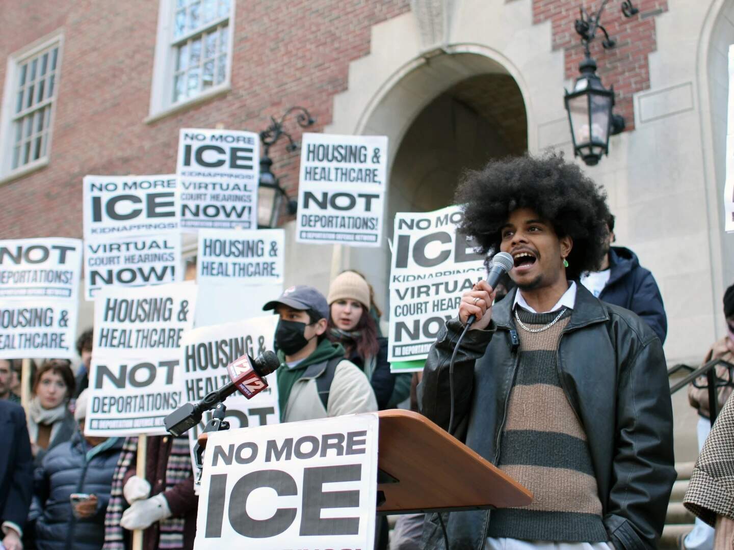 Diego Castillo, an organizer with the Rhode Island Deportation Defense Network, spoke at Thursday’s rally. (Ben Berke/Ocean State Media)
