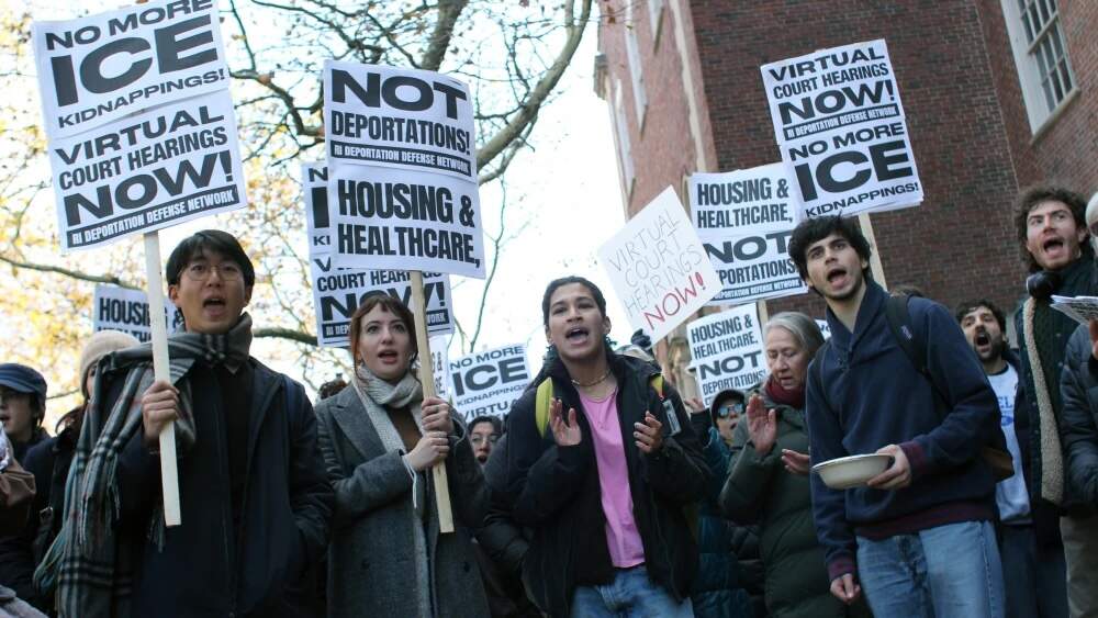 Protesters called for court officials to switch to mostly virtual hearings. The Deportation Defense Network said this would “instantly cut off a major source of ICE detentions in Rhode Island.” (Ben Berke/Ocean State Media)