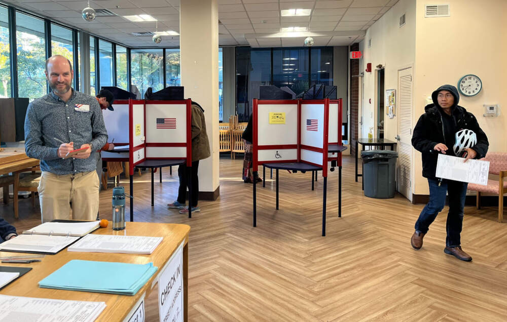 A polling location near Somerville's Union Square was quiet on Tuesday morning. (Amy Sokolow/WBUR)