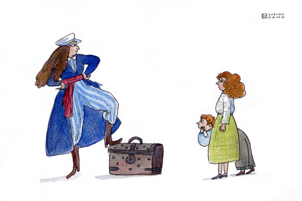 A merchant and two children. (Sabina Hahn for WBUR)