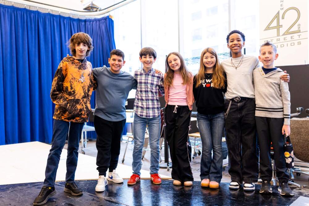 Garrett McNally (far left) and Max Voehl (far right) with the other “middle schoolers” of the company at the first rehearsal of A.R.T.’s world-premiere production of "Wonder." (Courtesy Nile Scott Studios)