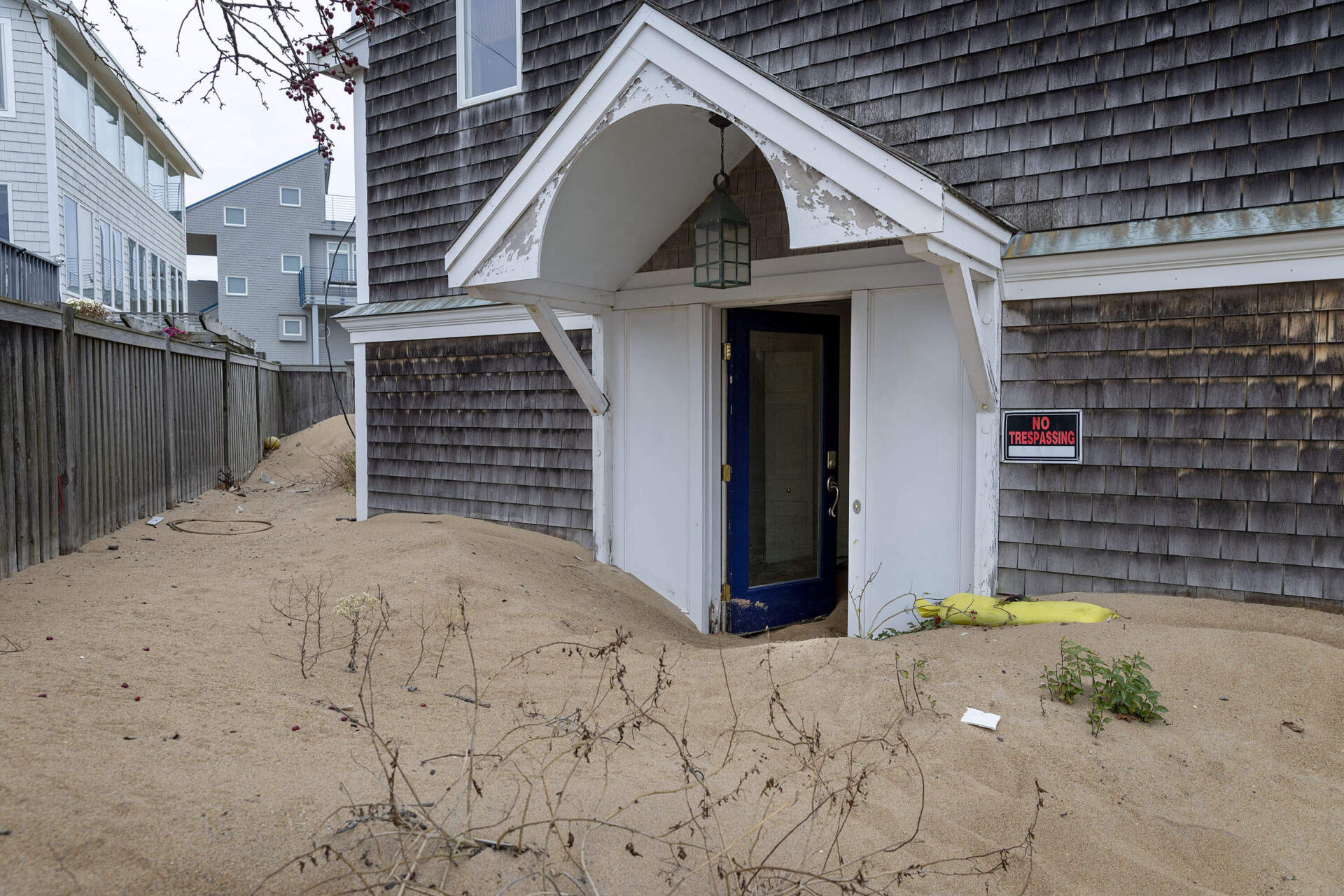 The entrance to Stanton Sacks' flood damaged beachfront property on 73rd Street on Plum Island. (Robin Lubbock/WBUR)