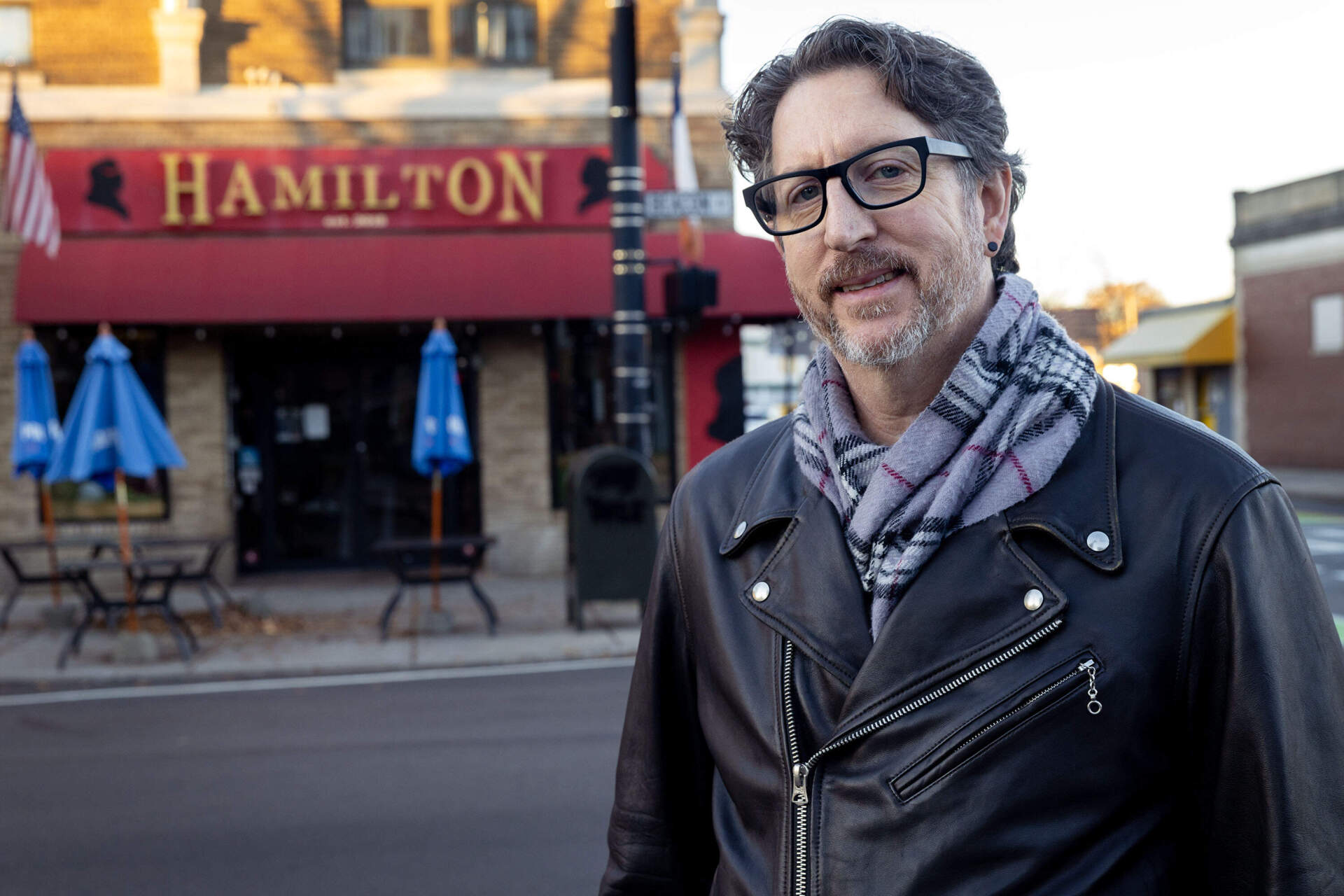 Author Paul Tremblay, by the Hamilton Restaurant and Bar, near Coolidge Corner in Brookline, Mass. (Robin Lubbock/WBUR)
