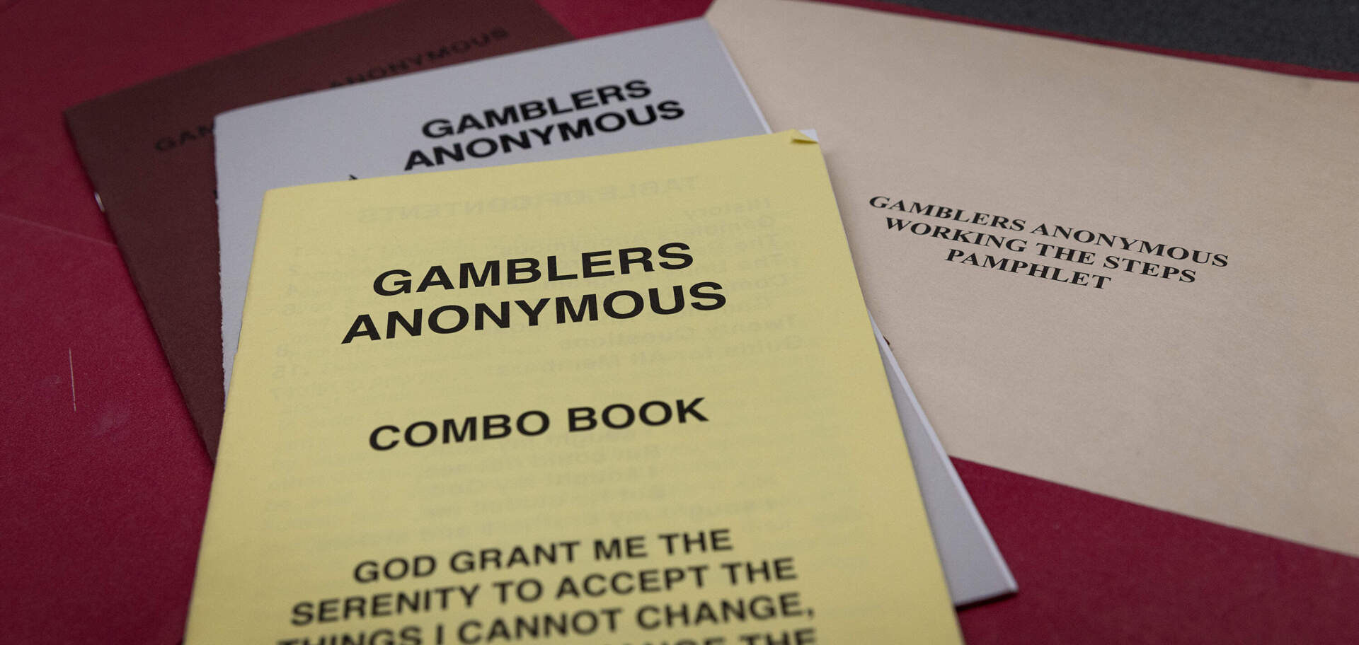 Gamblers Anonymous pamphlets on the table at a group meeting in Canton, Massachusetts. (Robin Lubbock/WBUR)