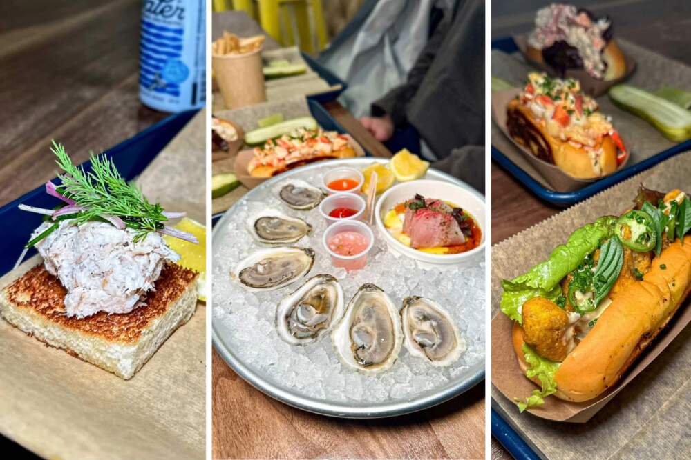 From left, menu items at Holdfast Specialty Seafood Co. include smoked mackerel toast, fresh oysters, shrimp and lobster rolls. (Courtesy Risa Kim) 