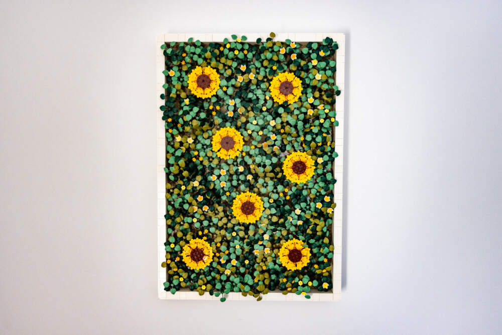 The Modern Brick Haus Moss Garden set hangs on the wall in his office. (Jesse Costa/WBUR)