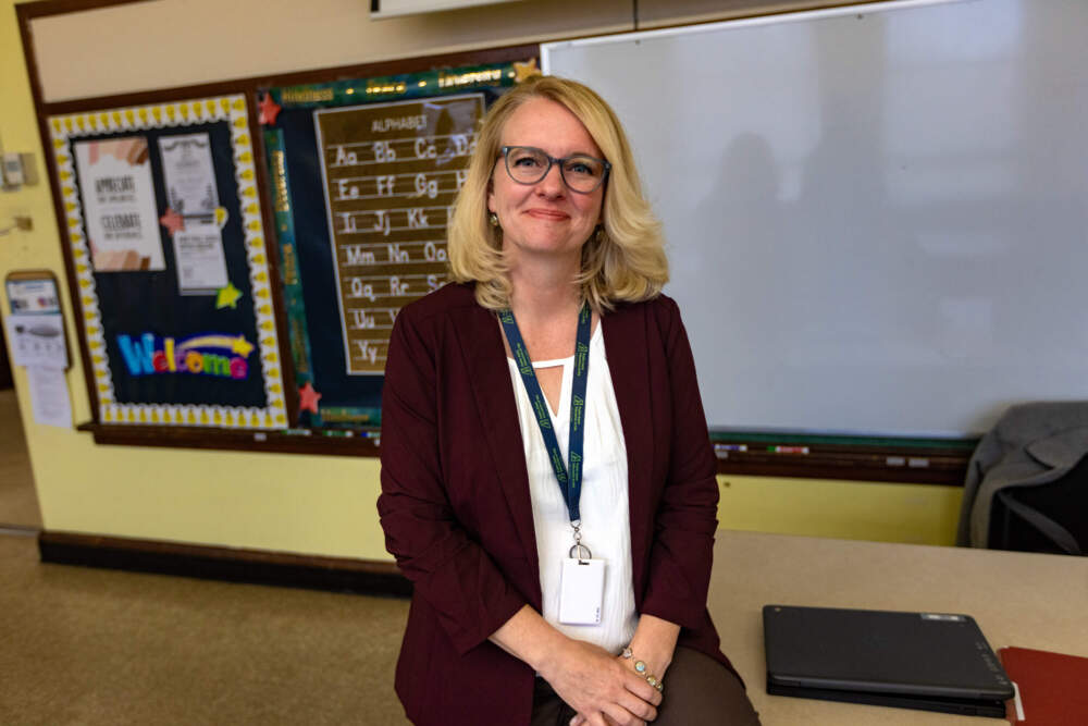 Tammy MacDonald in a classroom at Blue Hills Adult Education where she works. (Jesse Costa/WBUR)