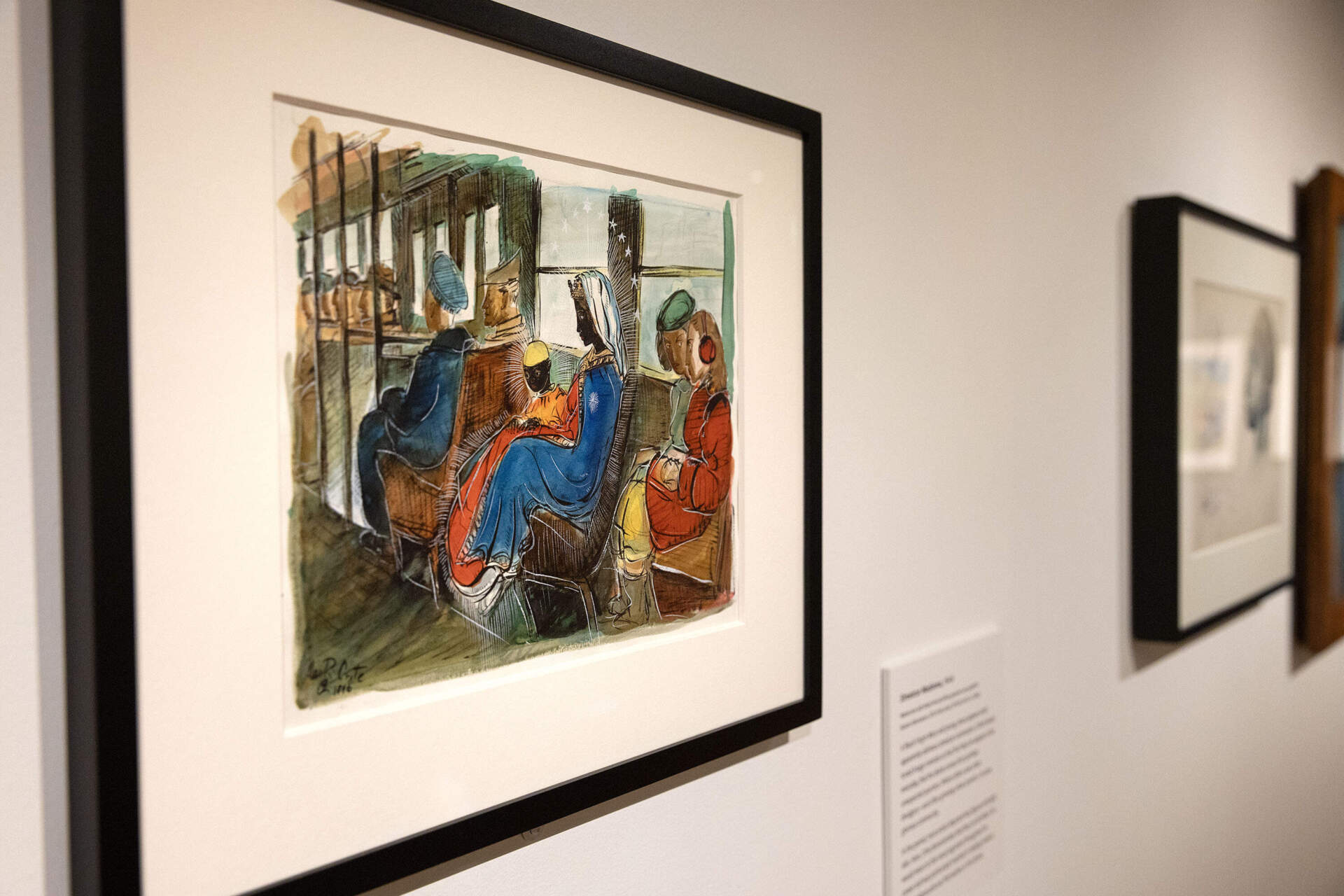 Allan Rohan Crite's painting "Streetcar Madonna" depicts a black Madonna and child riding a Boston streetcar, at the Isabella Stewart Gardner Museum. (Robin Lubbock/WBUR)