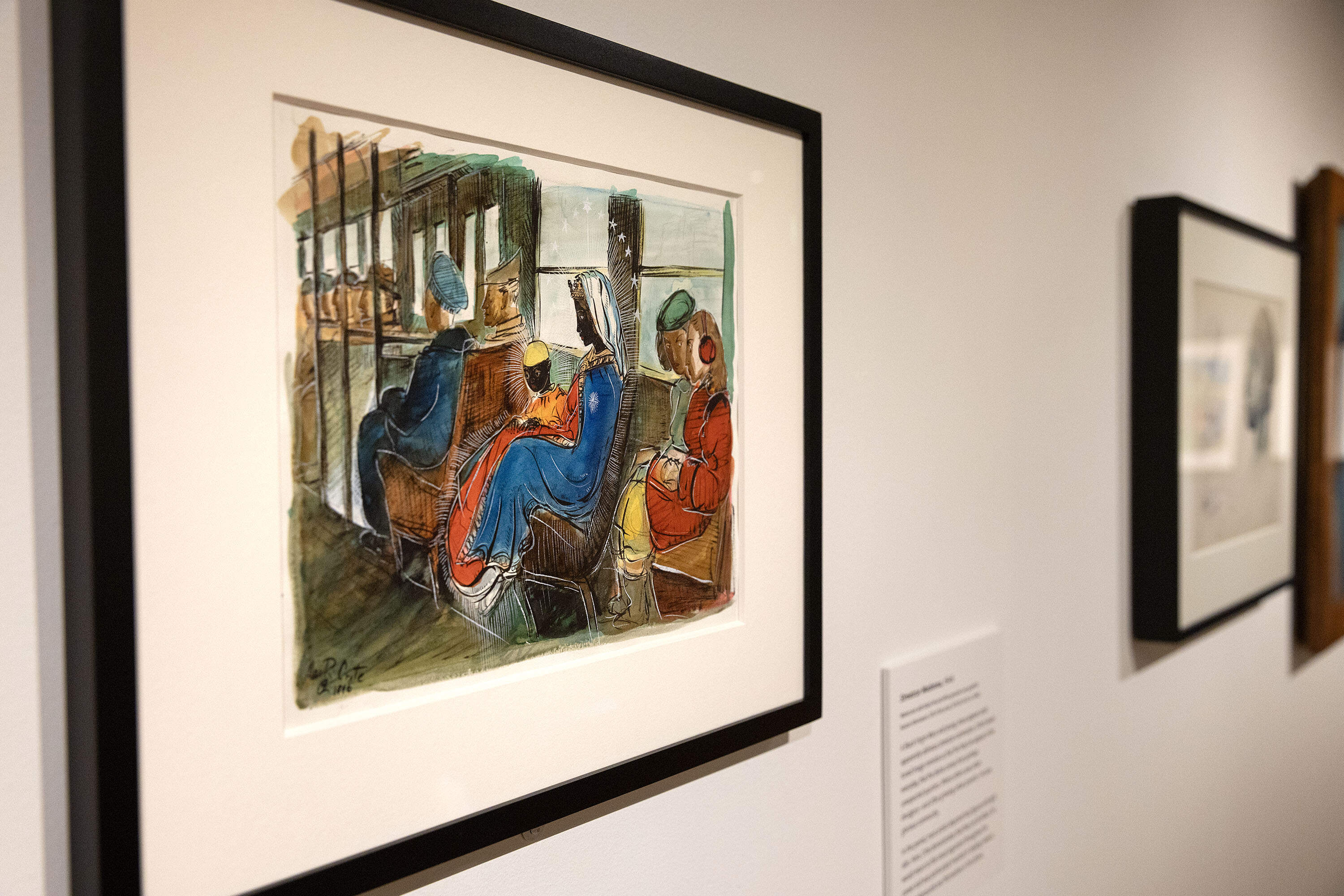 Allan Rohan Crite's painting "Streetcar Madonna" depicts a black Madonna and child riding a Boston streetcar, at the Isabella Stewart Gardner Museum. (Robin Lubbock/WBUR)