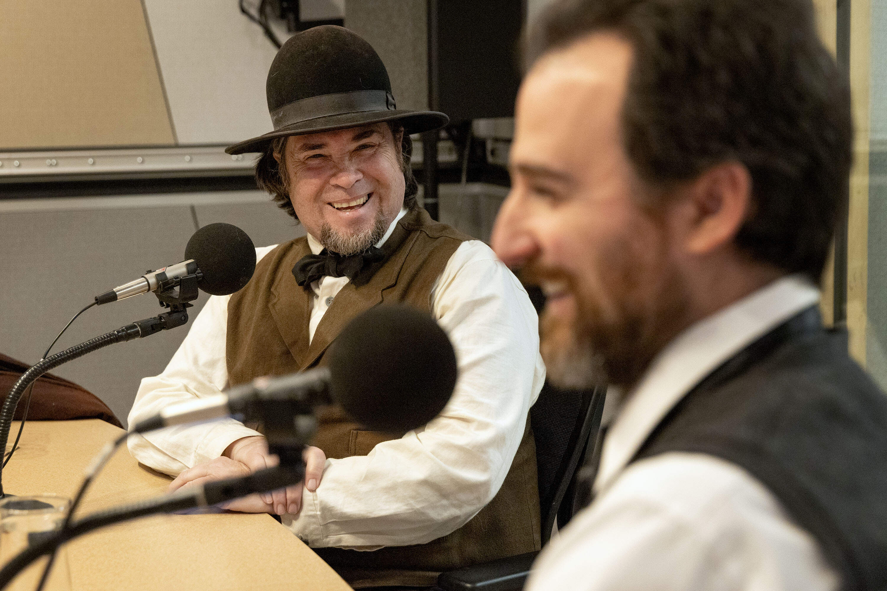 Retiring Henry David Thoreau interpreter Richard Smith laughs with recently appointed Thoreau interpreter Brent Ranalli during a conversation at WBUR. (Robin Lubbock/WBUR)