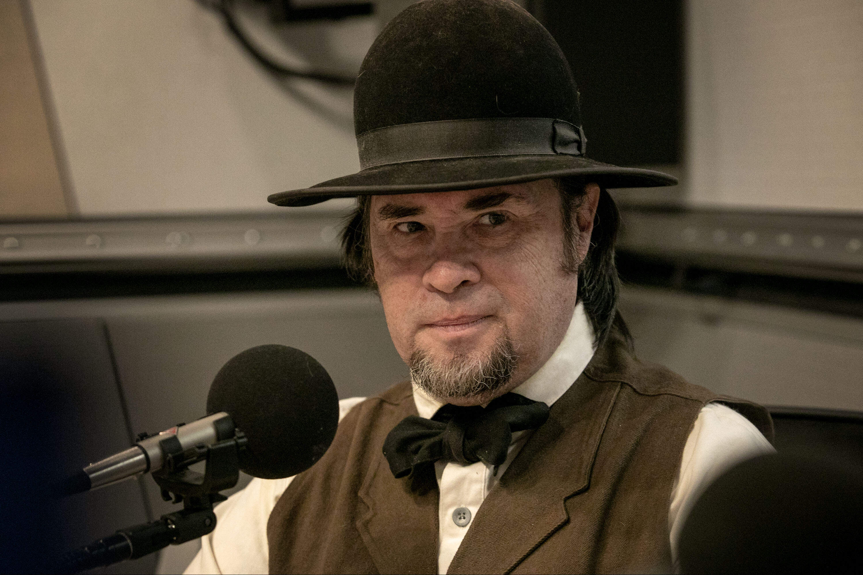 Historian and Thoreau interpreter Richard Smith behind a microphone at WBUR. (Robin Lubbock/WBUR)