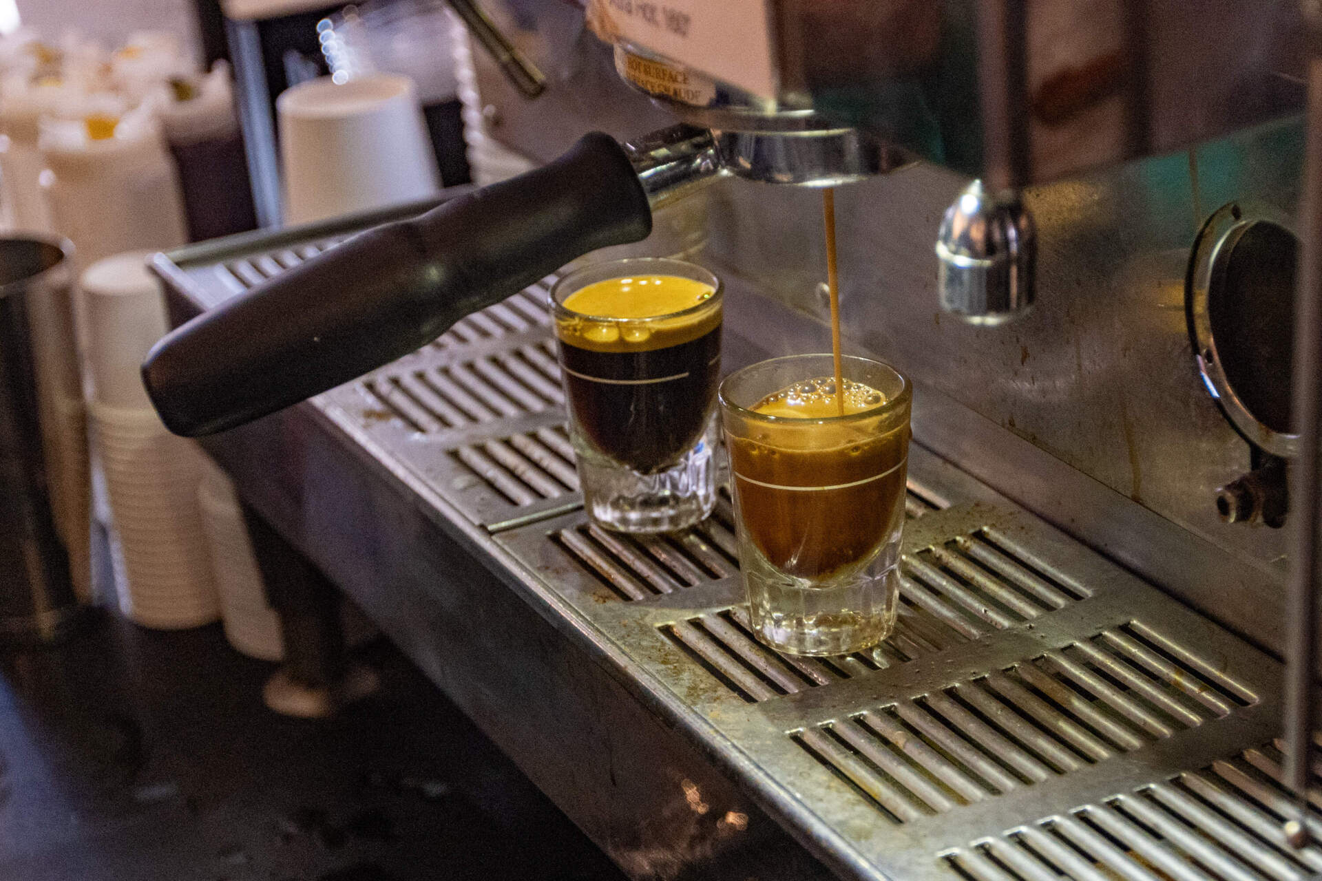 Espresso being brewed at the 1369 Coffeehouse in Inman Square. (Jesse Costa/WBUR)