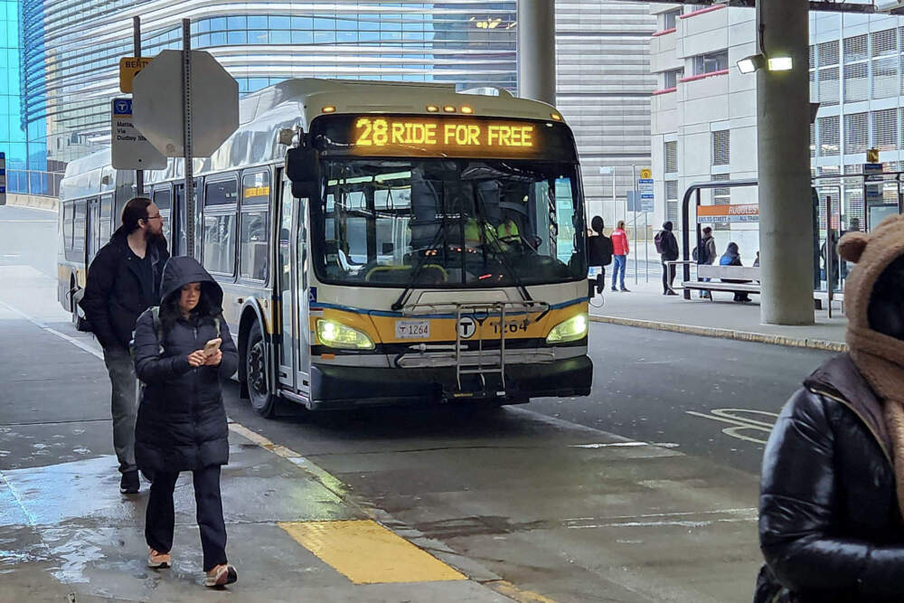 A MBTA route 28 bus arrives at Ruggles station. (Andrea Perdomo Hernandez/WBUR)