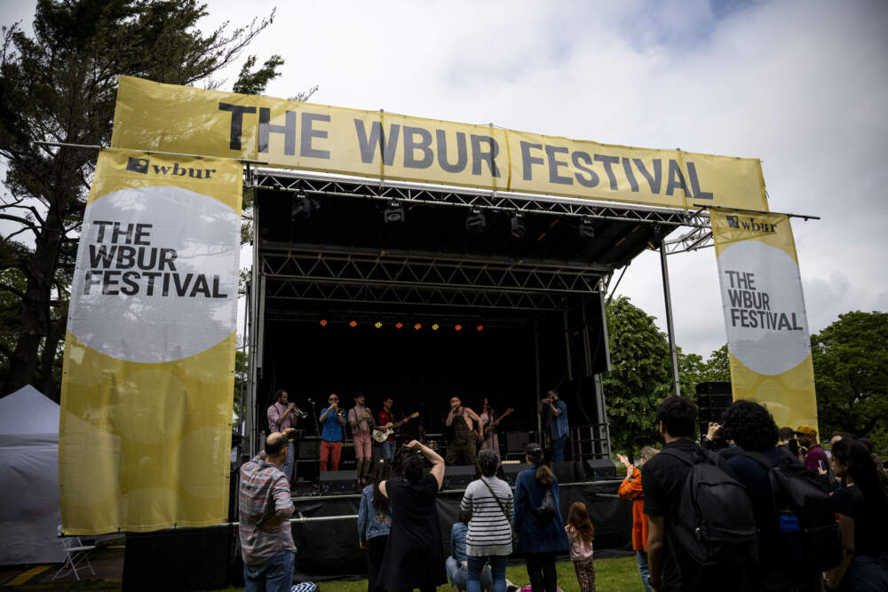 Musicians take the stage at The WBUR Festival street fair in May 2025. (Bolt Creative Group/WBUR)