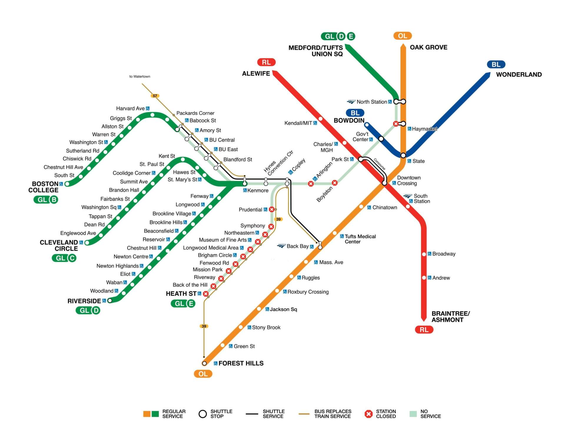 A diagram of the Dec. 8-22 partial Green Line closure. (MBTA)