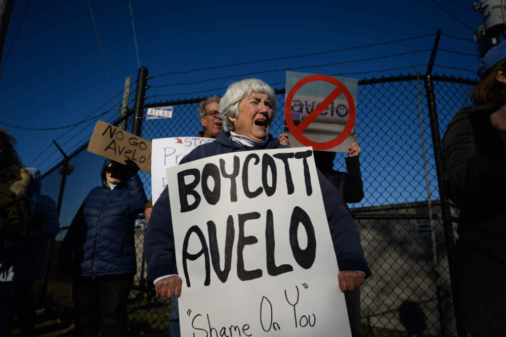 Chris Van Scoy of East Haddam joined other protesters at Tweed New Haven Airport in Connecticut on April 9, 2025 to call for a boycott of Avelo Airlines, after the airline made an agreement with the Department of Homeland Security to provide deportation flights. “Hearing that Avelo signed a contract to deport people, it made me sick,” she said. (Ryan Caron King/Connecticut Public)