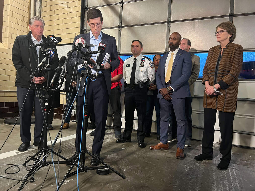 Mayor Brett Smiley speaks to reporters during a Brown University news conference, in Providence, R. I., Sunday, Dec. 14, 2025. (AP Photo/Kimberlee Kruesi)
