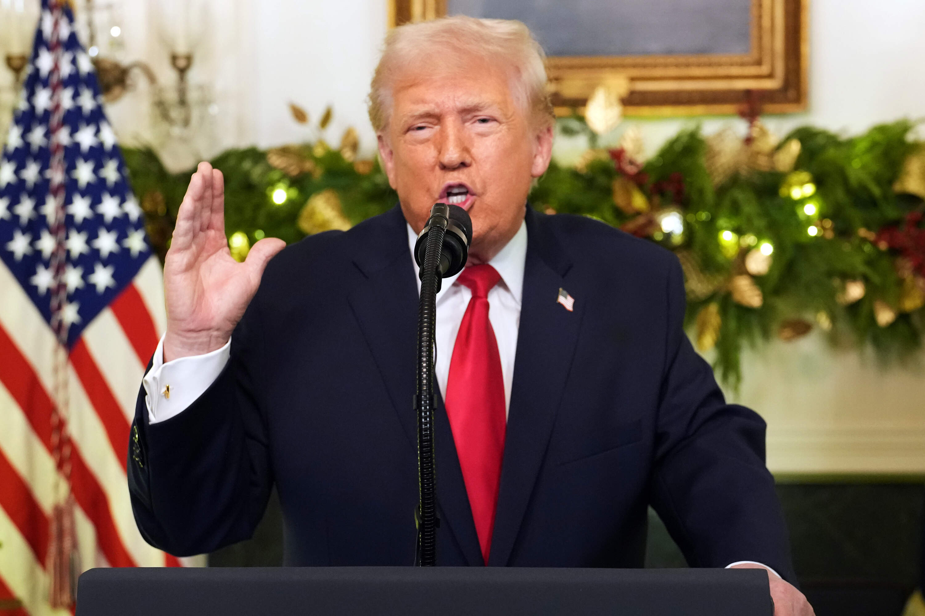 President Donald Trump speaks during an address to the nation from the Diplomatic Reception Room at the White House, Wednesday, Dec. 17, 2025, in Washington. (Doug Mills/The New York Times via AP, Pool)