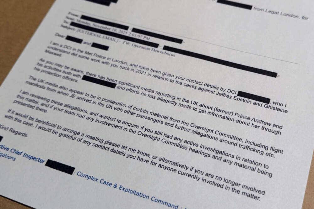An email that was included in the U.S. Department of Justice release of the Jeffrey Epstein files is photographed Monday, Dec. 22, 2025. (Jon Elswick/AP)