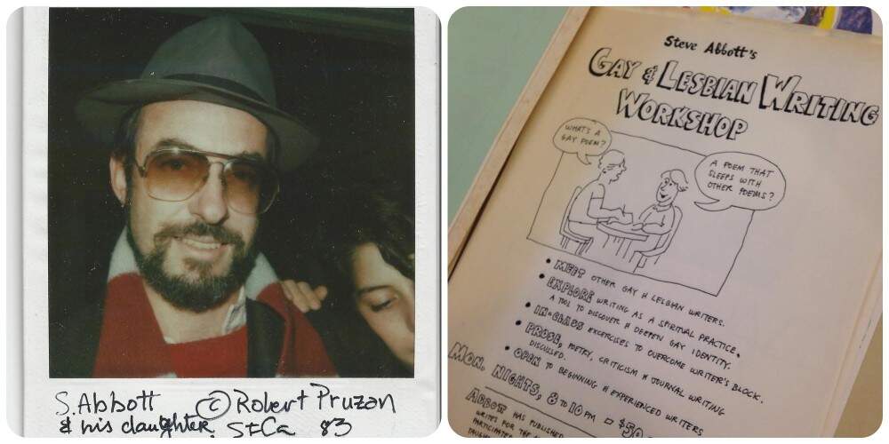 A Polaroid of the author's father, Steve Abbott, and the author as a child in San Francisco, 1983 (left); and a flyer for a queer poetry workshop taught by Steve Abbott (right). (Courtesy Alysia Abbott) 