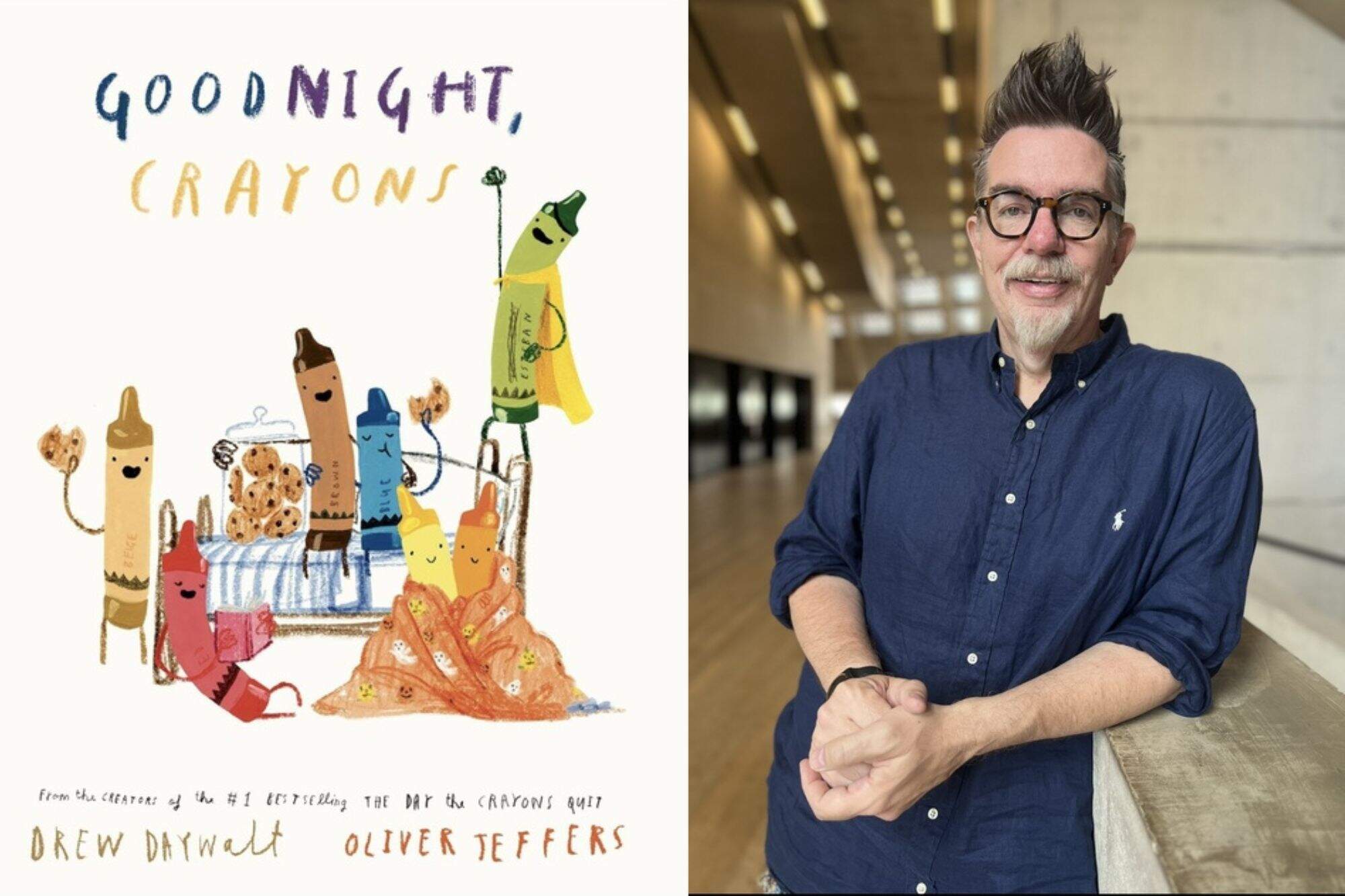 The cover of "Goodnight Crayons" and author Drew Daywalt. (Courtesy of The cover "No Sam! And the Meow of Deception." (Courtesy of Jen Daywalt and Storytide/HarperCollins Children’s Books)