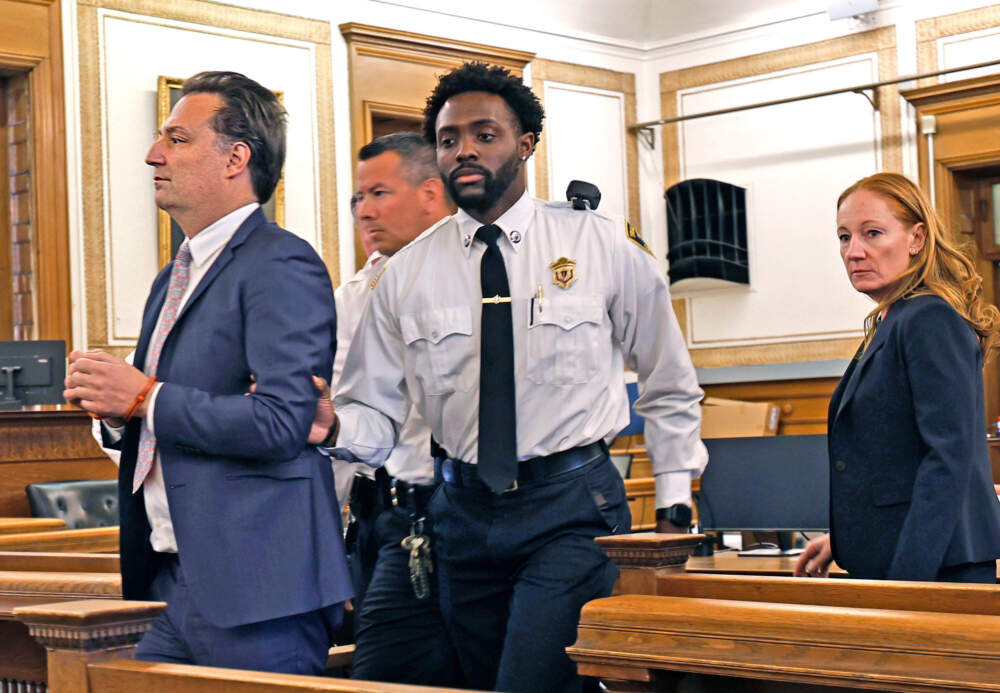 Brian Walshe, left, is escorted out of court after being found guilty of the first degree murder of his wife Ana in 2023 by a Norfolk Superior Court jury in Dedham, Mass.. (Greg Derr/The Patriot Ledger via AP, Pool)