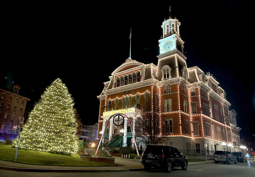 Norwich City Hall is decorated for the annual "Light Up City Hall" event in Norwich, Conn., Friday, Dec. 5, 2025. Scenes from Hallmark movie Sugar Plum Twist were filmed at City Hall. (Susan Haigh/AP)
