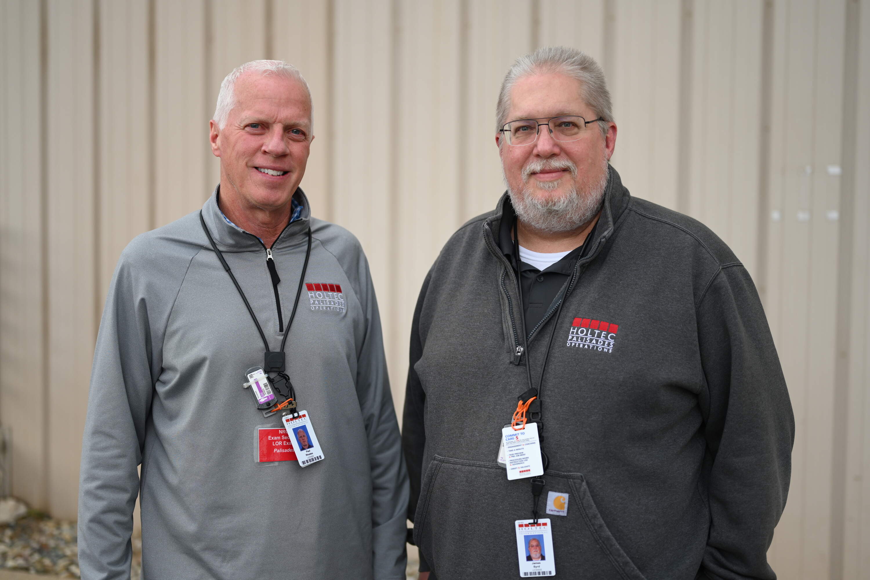 Paul Rhodes (left) is an operations shift manager at the Palisades Nuclear Generating Station, and Jim Byrd (right) is the assistant operations manager. (Chris Bentley/Here & Now)