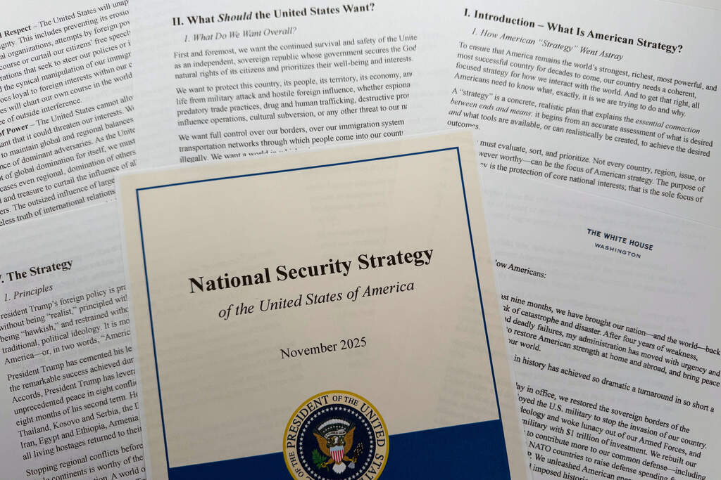 The National Security Strategy, released in November 2025, is photographed Wednesday, Dec. 10, 2025. (AP Photo/Jon Elswick)