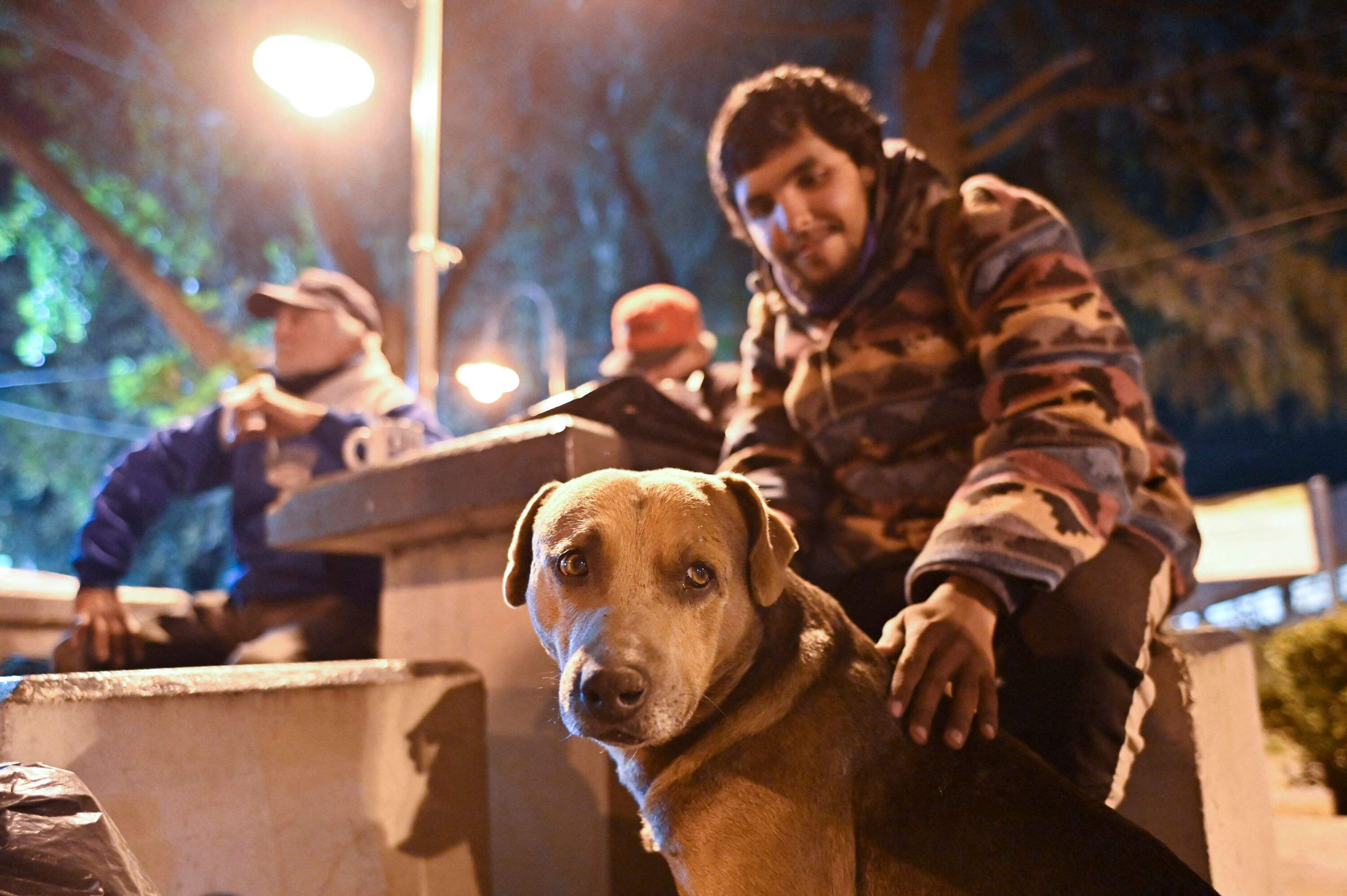 A homeless man caresses a dog. (Luis Robayo/AFP via Getty Images)