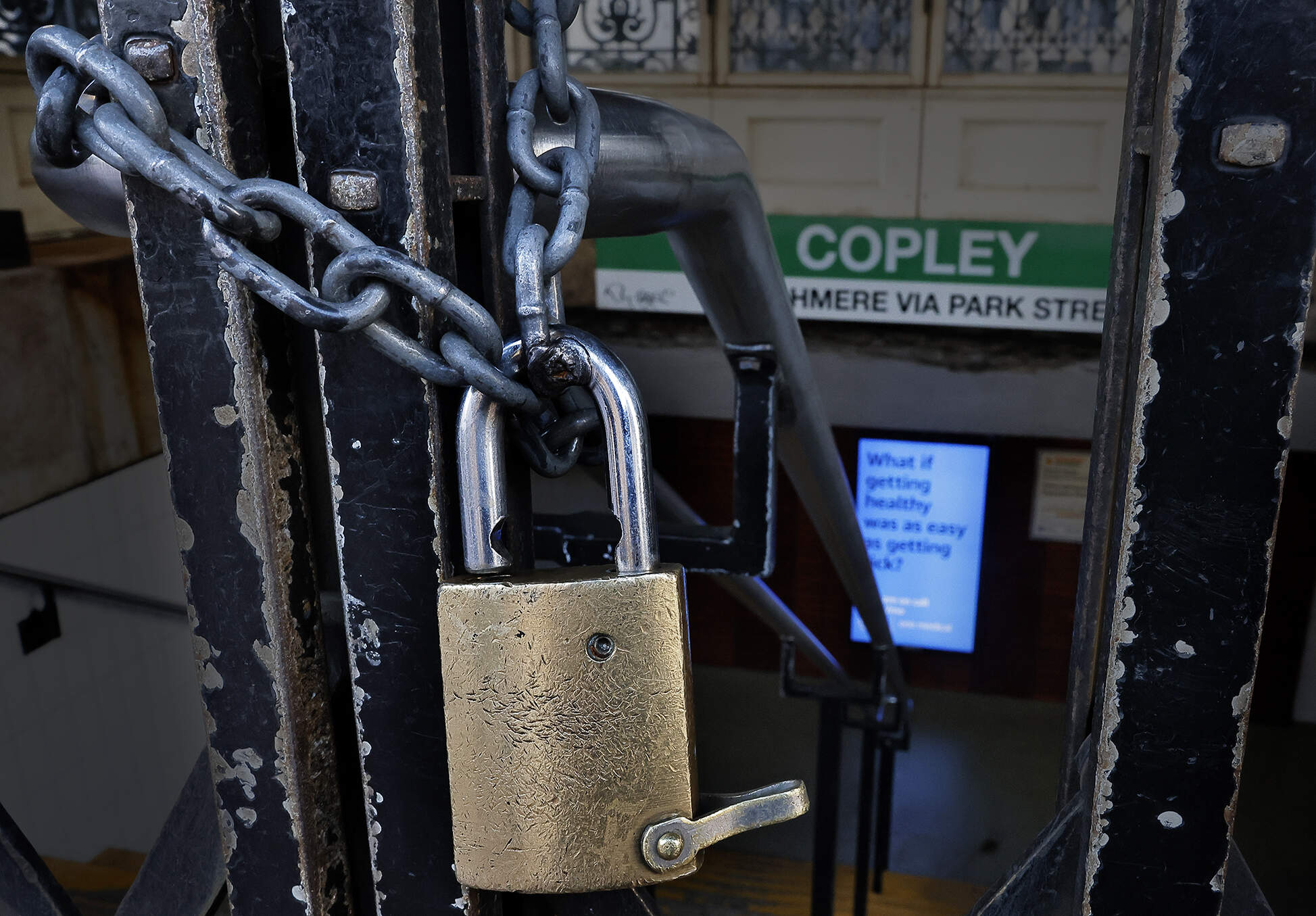 The locked Boylston Street entrance to Copley station during a Green Line diversion in 2024. (Lane Turner/The Boston Globe via Getty Images)