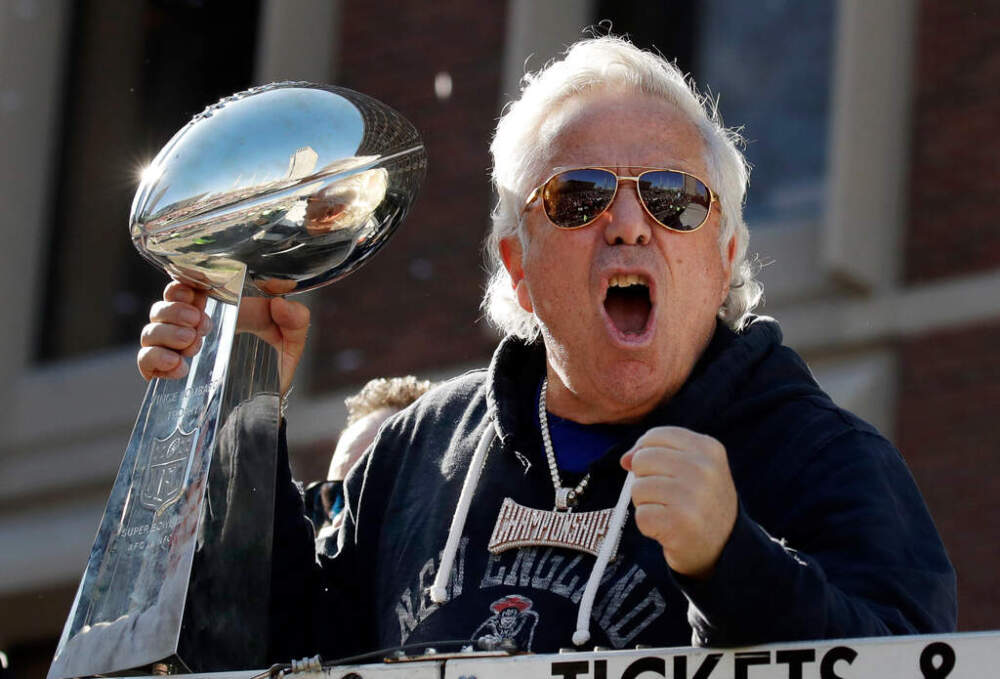 New England Patriots owner Robert Kraft yells to fans during a Super Bowl victory parade through downtown Boston, Feb. 5, 2019. (Elise Amendola/AP)