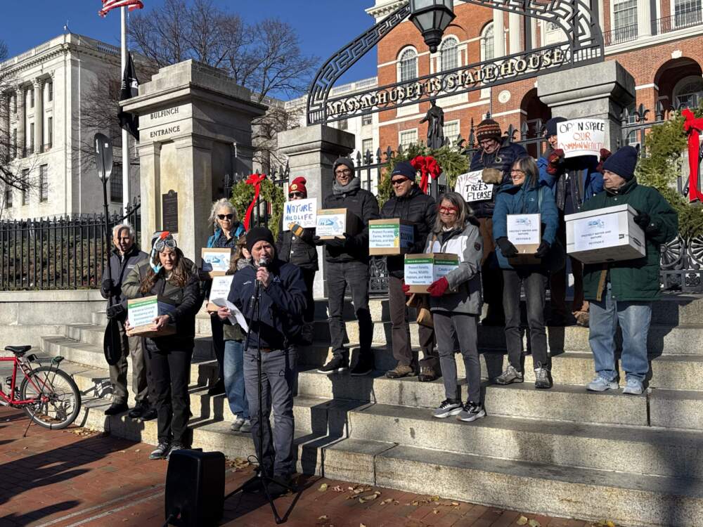 David O'Neill, president and CEO of Mass Audubon, speaks outside the State House on Monday, Dec. 1, during a rally in support of the "Protect Water and Nature" ballot question. (Chris Van Buskirk/WBUR)