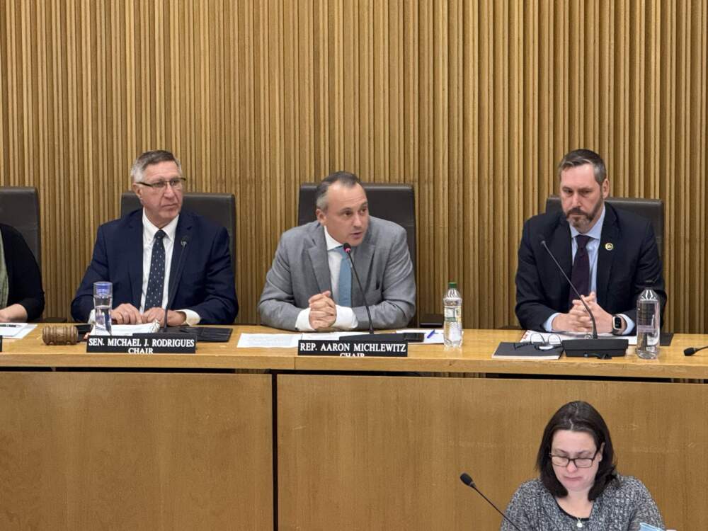 Sen. Michael Rodrigues (left), Rep. Aaron Michlewitz (center) and Administration and Finance Secretary Matthew Gorzkowicz (right) at a state revenue hearing on Tuesday, Dec. 16, 2025. (Chris Van Buskirk/WBUR)