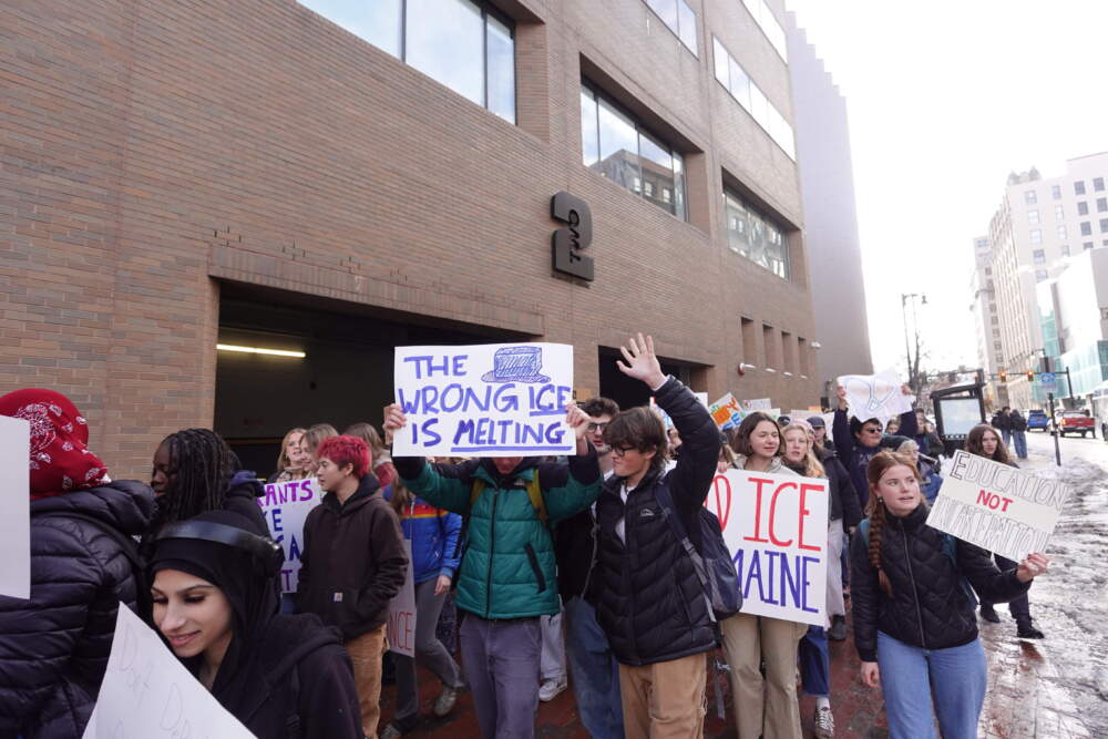Hundreds of high school students and their supporters held a demonstration in downtown Portland, Maine in December 2025 to protest the Trump administration's immigration enforcement policies. (Tulley Hescock/Maine Public)