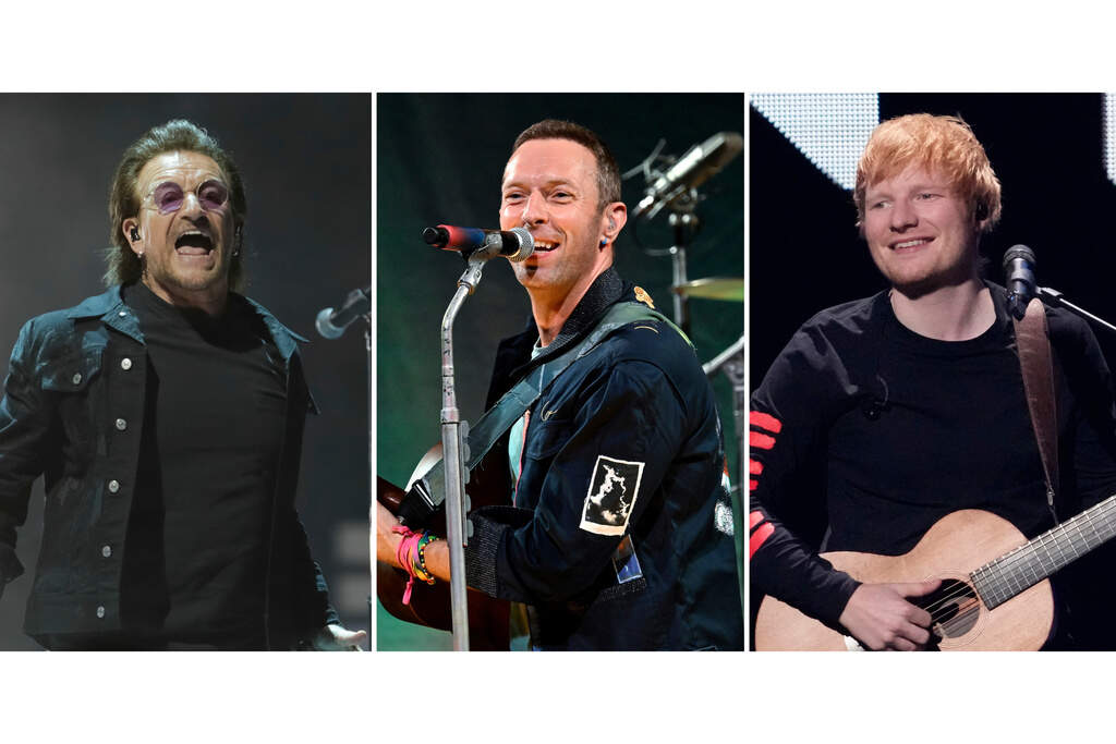 Bono, Chris Martin, and Ed Sheeran. (AP Photo)