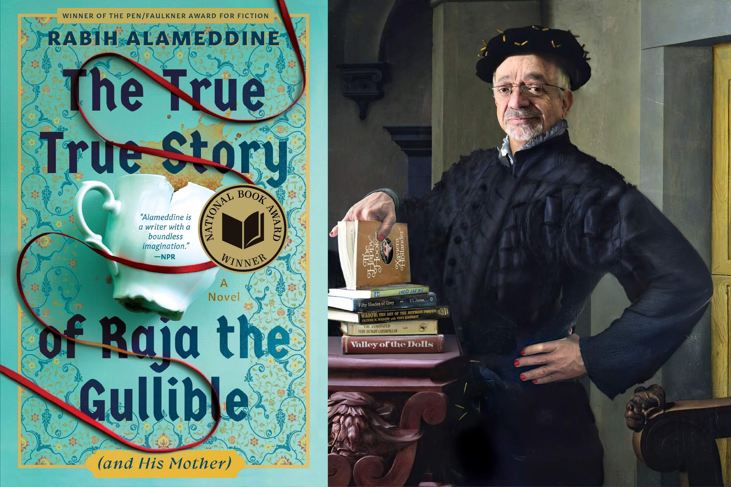 The cover of "The True True Story of Raja the Gullible (and His Mother)" beside author Rabih Alameddine. (Courtesy of Grove Press)