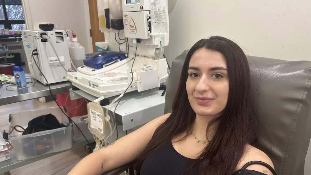 Sarah Filliettaz-Domingues drove over an hour to come donate blood at the Rhode Island Blood Center following the Brown University shooting. (Isabella Jibilian/Ocean State Media)
