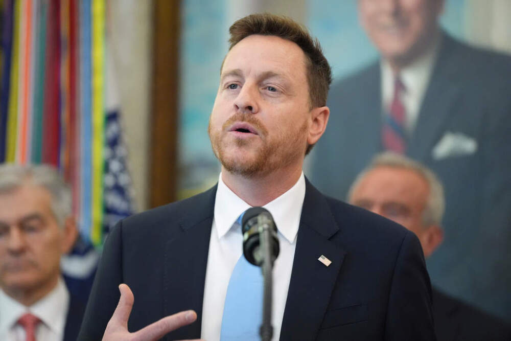 Chris Klomp, director of the Centers for Medicare and Medicaid Services, speaks during an event about drug prices on Nov. 6, 2025, in the Oval Office of the White House in Washington. (Evan Vucci/AP)
