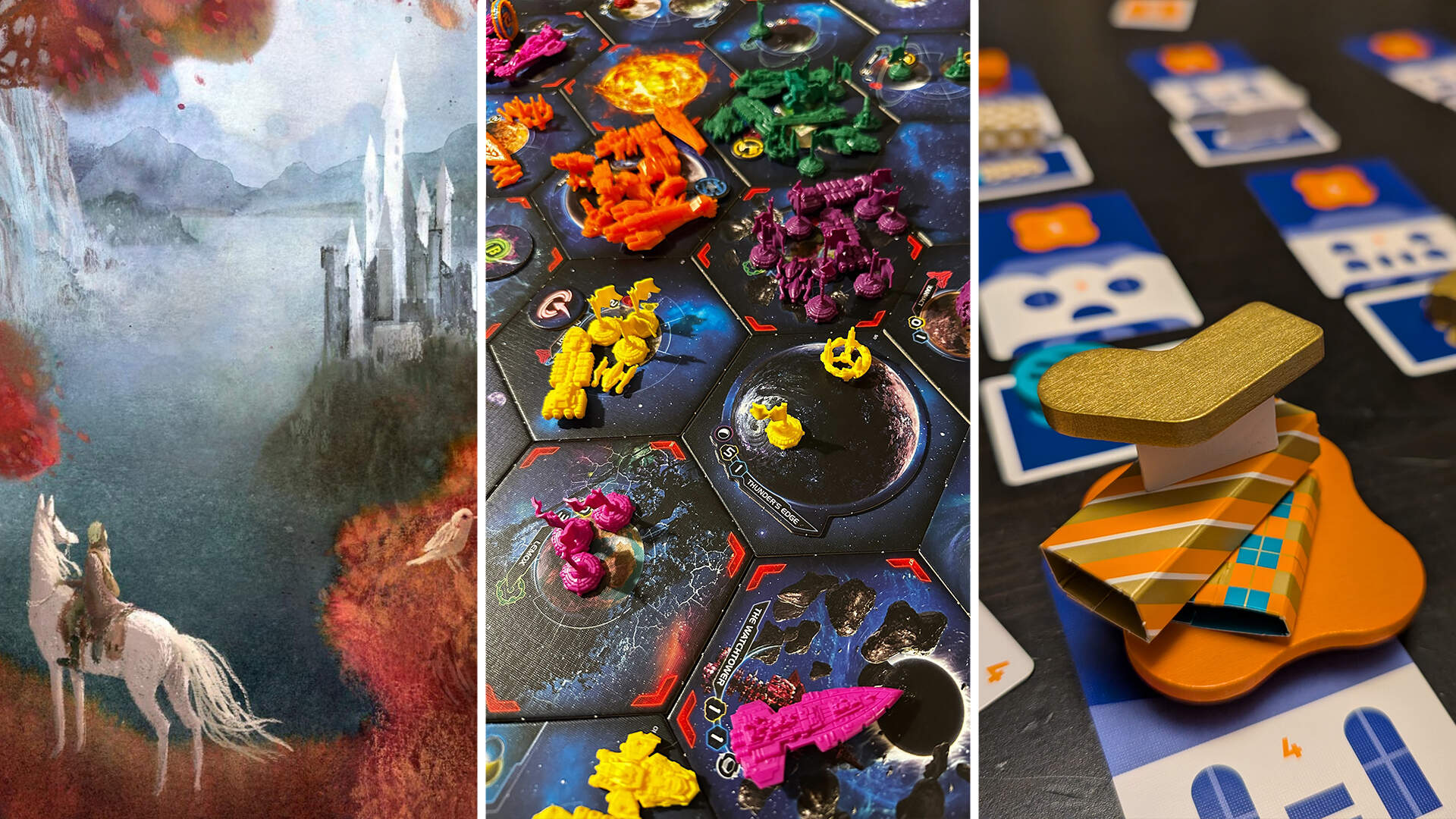 Cover Art for "Dolmenwood," plus scenes from Twilight Imperium: Thunder's Edge and Pick 'n Packers (Courtesy of Exalted Funeral, Vanessa McGinnis, and James Mastromarino)