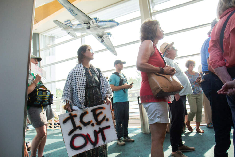 Dozens of community members spoke out in August 2025 against the federal government's use of the Patrick Leahy Burlington International Airport for immigration enforcement. (Elodie Reed/Vermont Public)