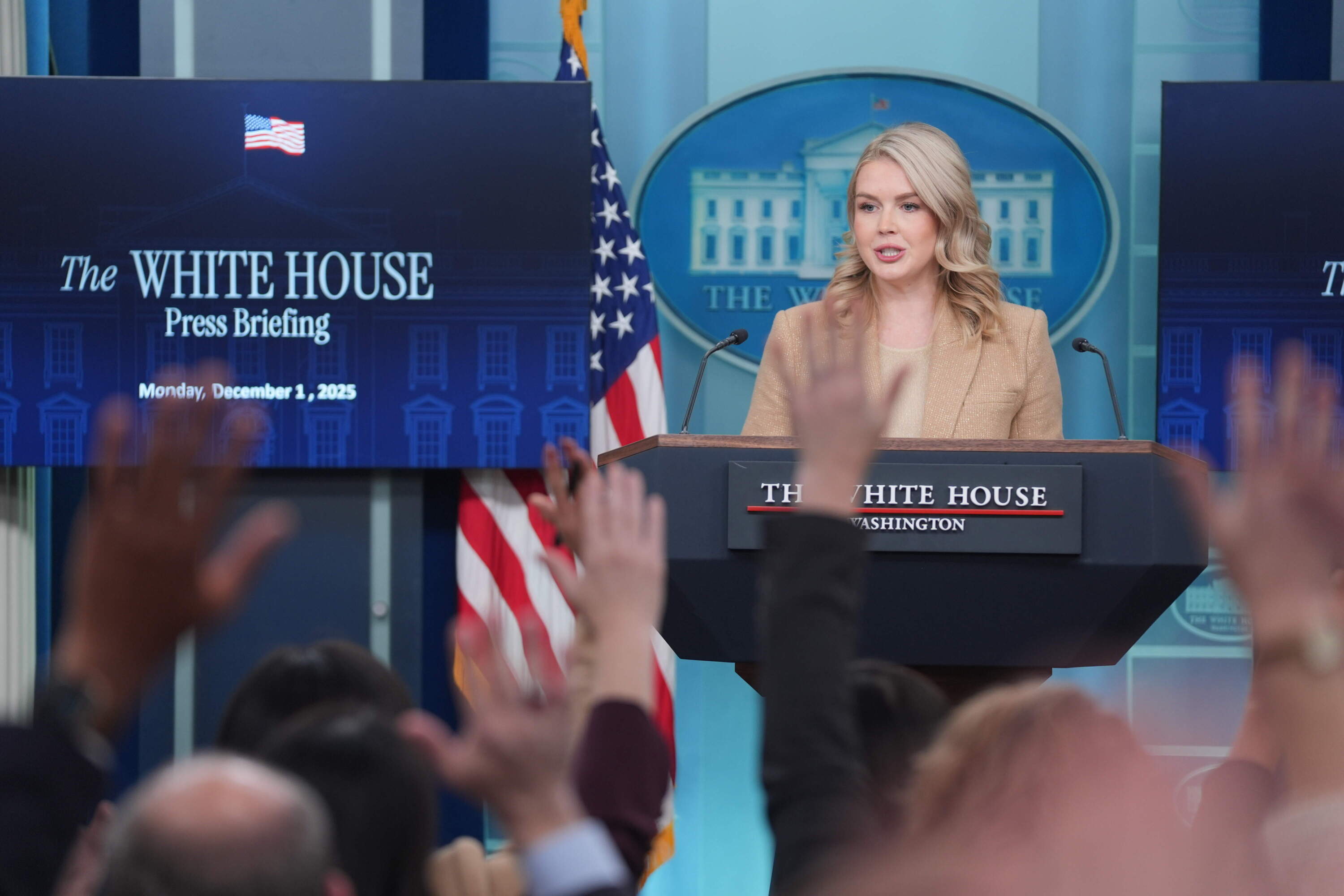 White House press secretary Karoline Leavitt speaks during a press briefing at the White House on Dec. 1 in Washington. (Evan Vucci/AP)