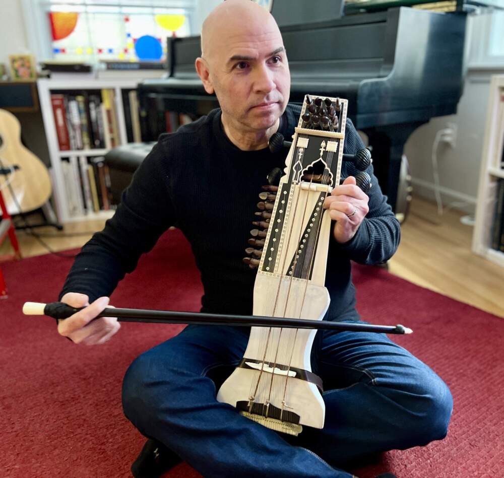 Known for its rich, resonant sound, the sarangi features strings traditionally made of goat gut or steel. (image courtesy of Rebecca Sheir)