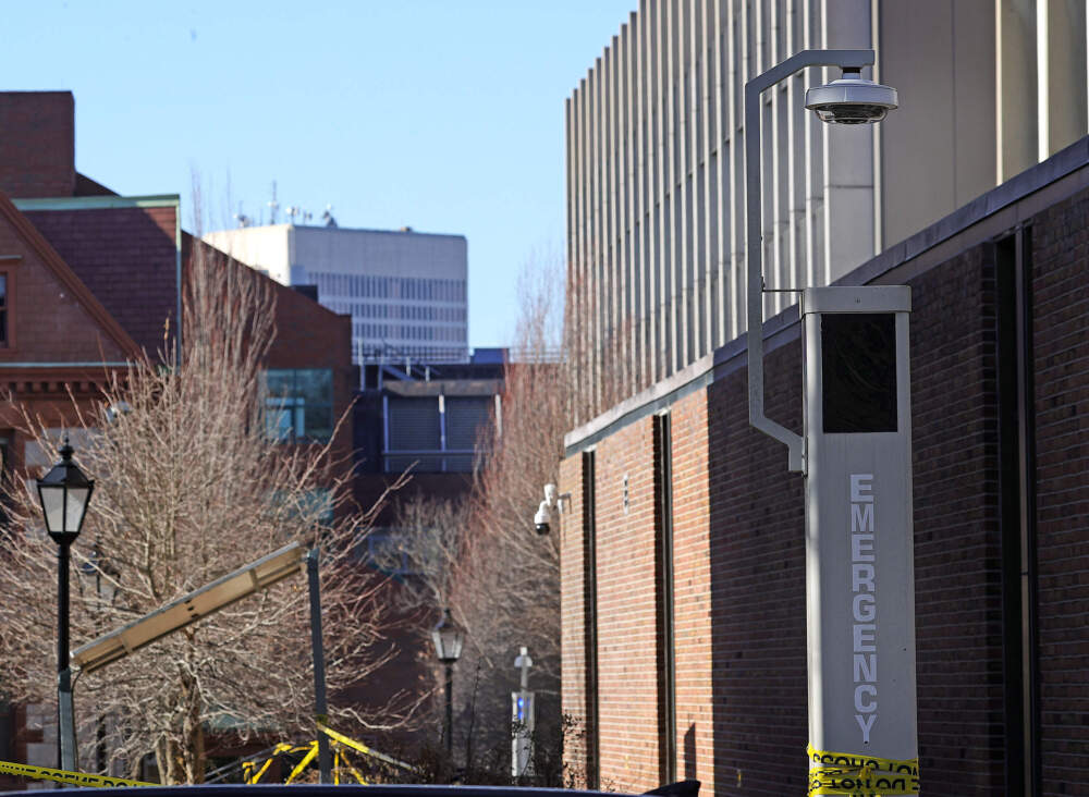 Three security cameras near the Barus and Holley building on the campus of Brown University on Dec. 18, 2025. (David L. Ryan/The Boston Globe via Getty Images)