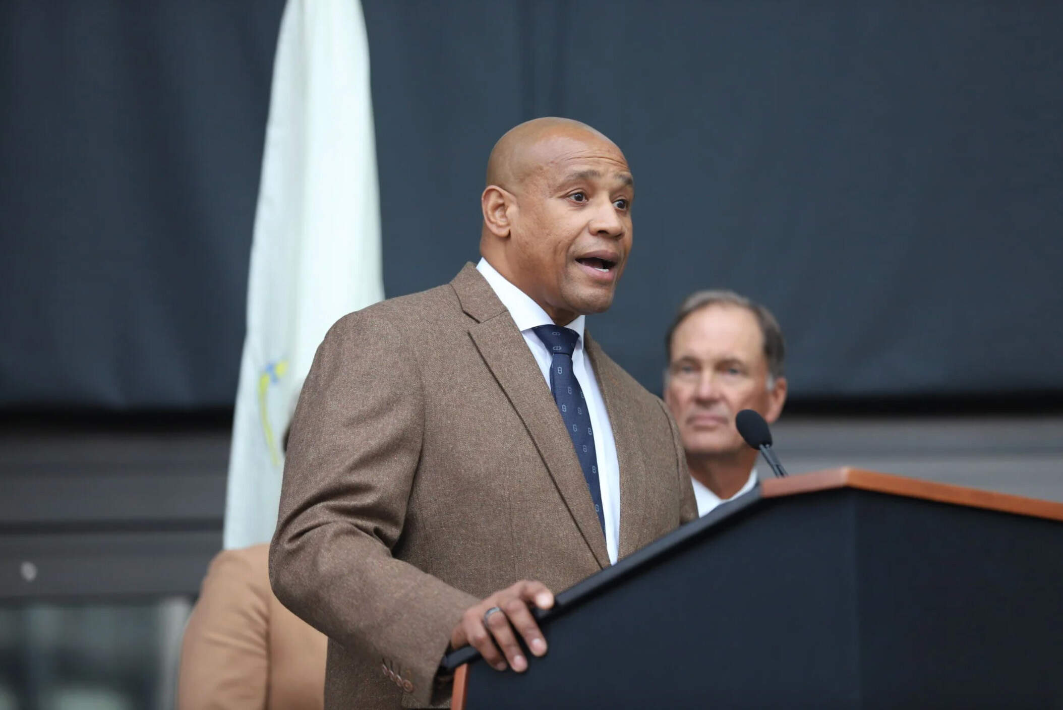 Massachusetts Convention Center Authority CEO Marcel Vernon speaks at the unveiling of a new sign for the John B. Hynes Veterans Memorial Convention Center on Nov. 5, 2025. (Ella Adams/SHNS)