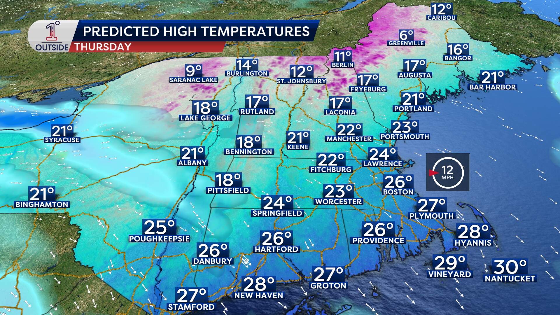 Predicted high temperatures for Jan. 1, 2026. (Danielle Noyes/1DegreeOutside)