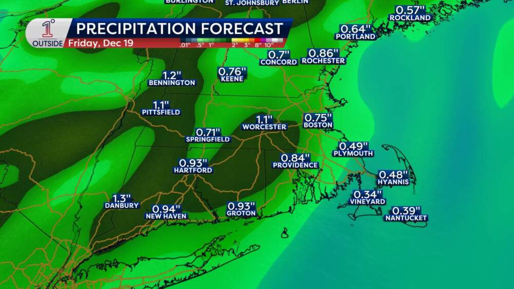 Predicted rainfall totals for Friday, Dec. 19, 2025. (Danielle Noyes/1DegreeOutside)