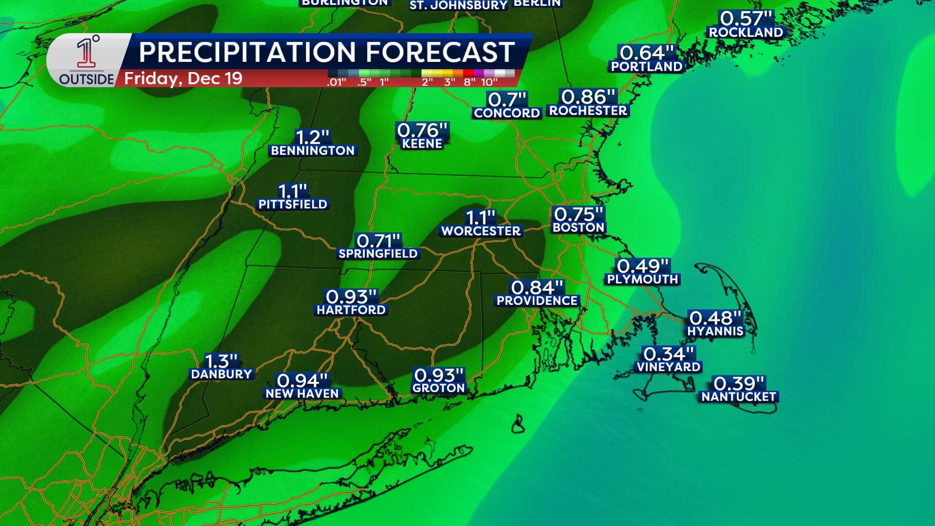 Predicted rainfall totals for Friday, Dec. 19, 2025. (Danielle Noyes/1DegreeOutside)